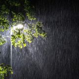 Auch in Südthüringen schüttet es wie aus Kübeln – gut zu erkennen, im Licht einer Straßenlaterne