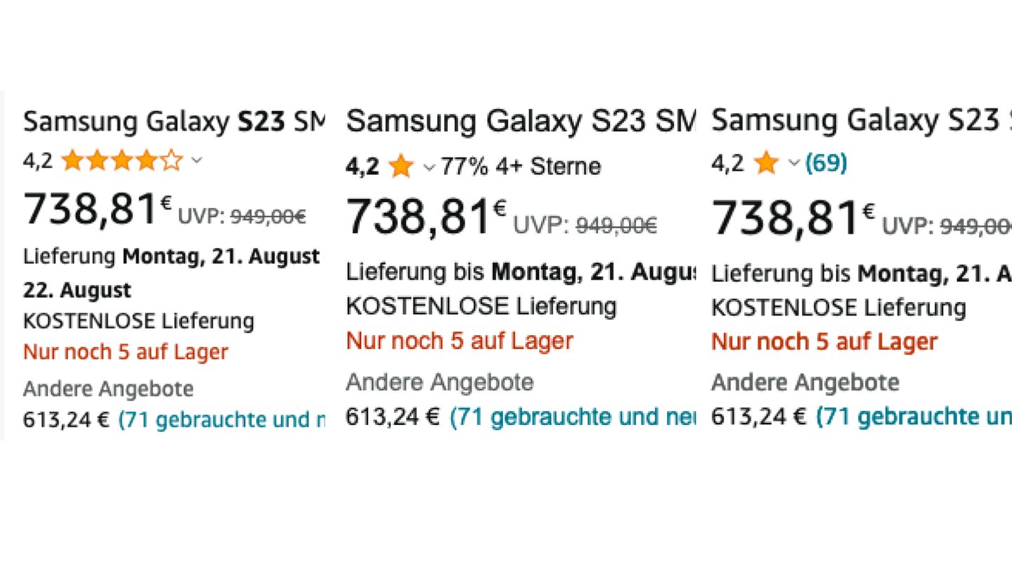 Dieselbe Produkt-Übersicht bei Amazon – drei Varianten von Sterne-Bewertungen