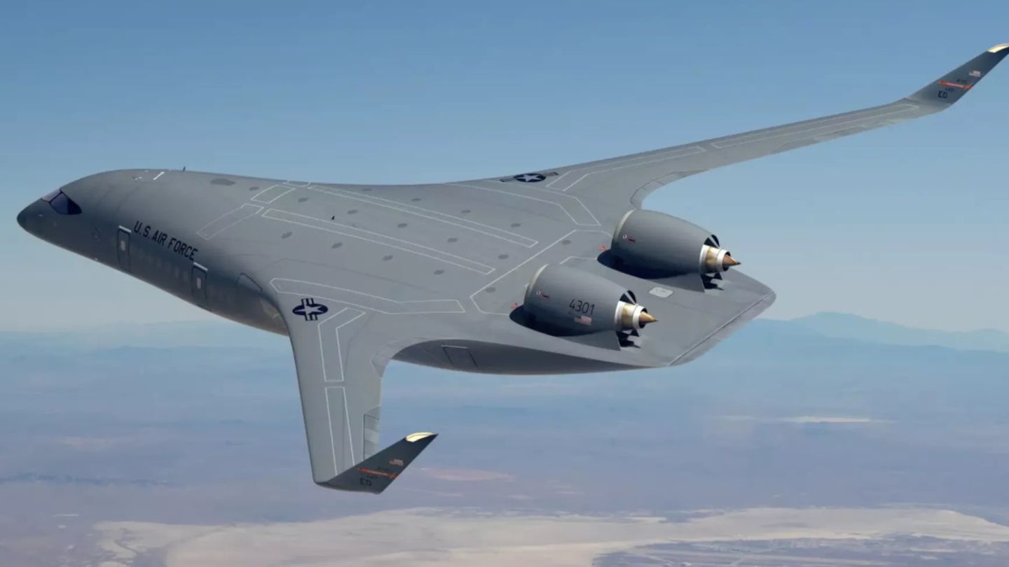 XBW-1-Transporter: Ein breiter Rumpf und kleine Flügelspitzen zeichnen das BWB-Konzept aus Ein breiter Rumpf und kleine Flügelspitzen zeichnen das BWB-Konzept aus