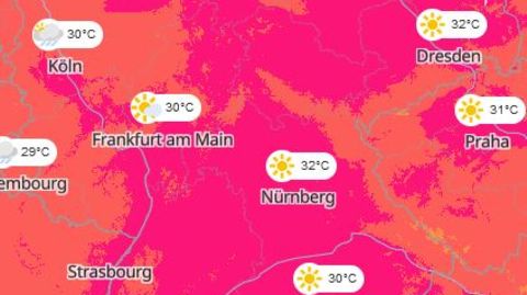Eine Karte zeigt die Hitze in Deutschland