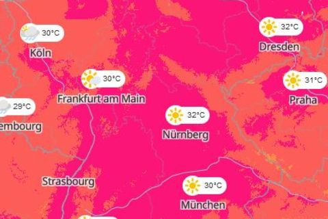 Eine Karte zeigt die Hitze in Deutschland
