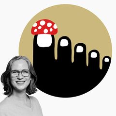 Foto Autorin und Illustration Fliegenpilz auf großer Zehe