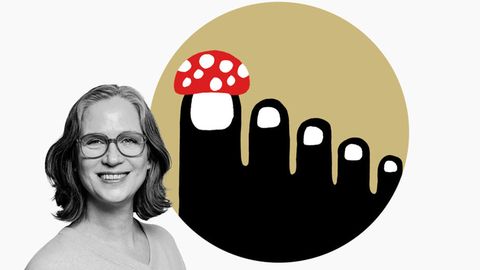 Foto Autorin und Illustration Fliegenpilz auf großer Zehe