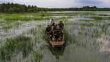 Ein Ruderboot mit fünf Männer fährt über Gewässer