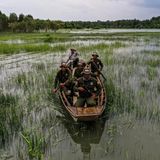 Ein Ruderboot mit fünf Männer fährt über Gewässer