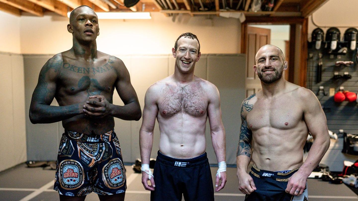 Mark Zuckerberg mit den Kampfsportlern Israel Adesanya und Alexander Volkanovski