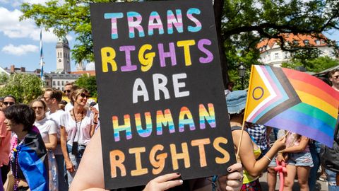 Demoschild mit der Überschrift Trans Rights are Human Rights