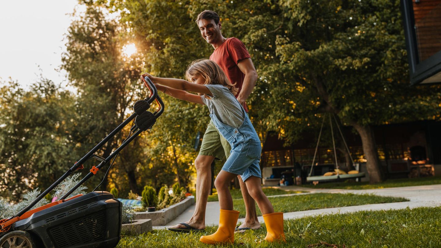 Vater und Sohn beim Rasenmähen mit Akku-Rasenmäher