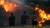Menschen beobachten einen Waldbrand in der Nähe von Pamplona in Nordspanien