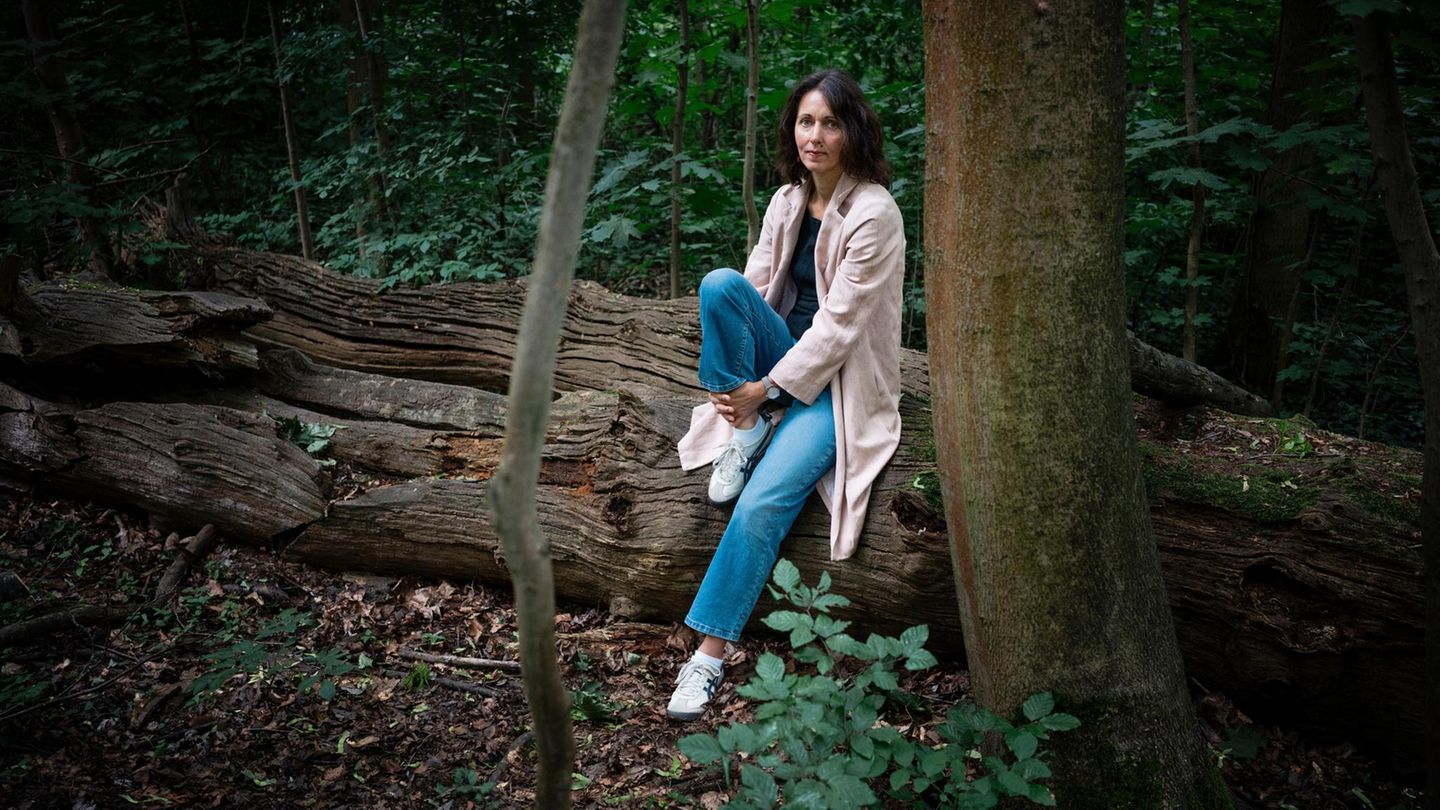 Krien sitzt auf einem umgefallenen Baumstamm im Wald