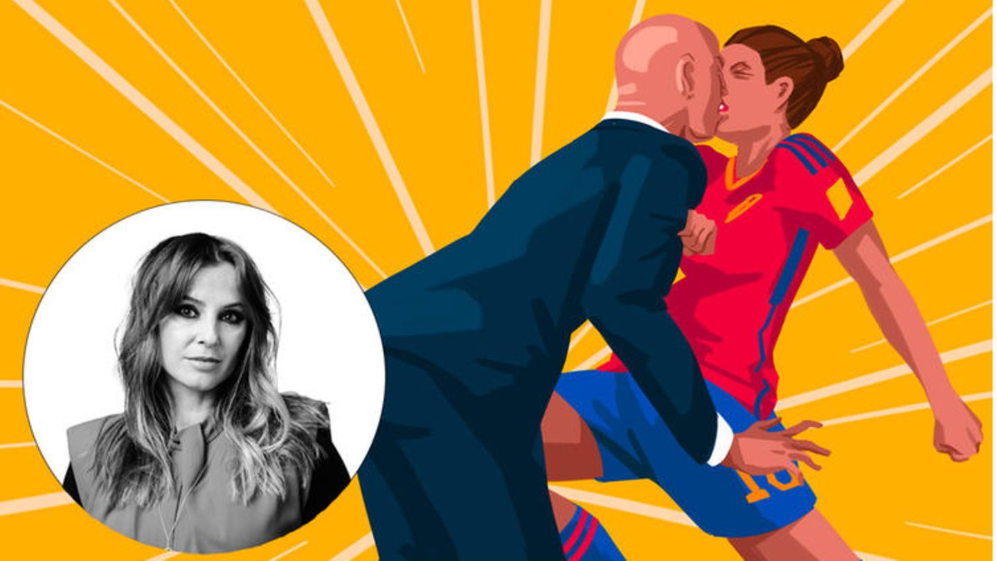 Eine Frau in Fußballkleidung wird von einem Mann mit Anzug bedrängt