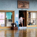 Ein Ladenbesitzer in Tarpon Springs versucht mit einer Sumpfpumpe, das Wasser aus seinem Laden fernzuhalten
