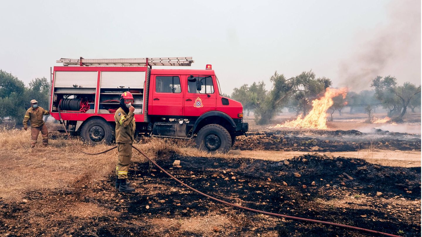 Feuerwehrleute bei Löscharbeiten auf der Insel Euböa, in Zentralgriechenland
