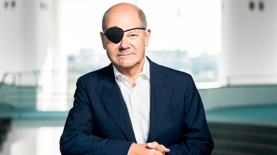 Chancellor Olaf Scholz with an eye patch after his sports injury.