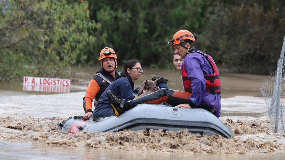 In Griechenland evakuieren zwei Männer mit Helmen eine Frau, einen jungen Mann und einen Hund aus dem Flutgebiet