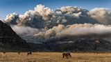 Eine riesige Aschewolke verdunkelt den Himmel über Islands weiter Landschaft