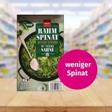 Noch ein beeindruckendes Beispiel: Penny sparte beim Rahmspinat... am Spinat. Statt 88 Prozent Spinat enthält das Produkt nur noch 67 Prozent Spinat. Die zweitwichtigste Zutat ist Wasser, erst dann folgt Sahne.