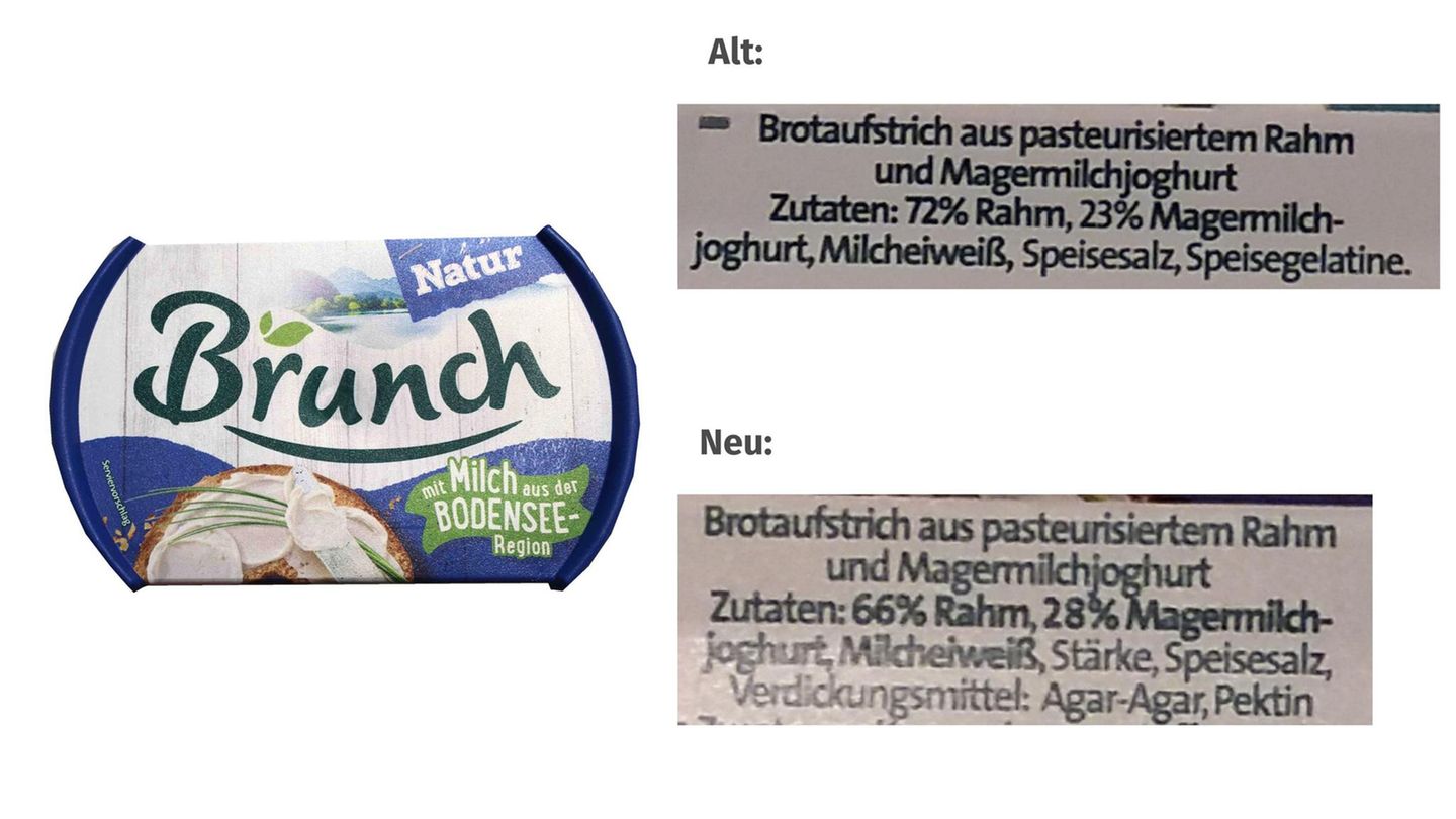 Der Brunch-Aufstrich enthält seit Kurzem weniger Rahm (nur noch 66 statt 72 Prozent) und dafür mehr Magermilchjoghurt (28 statt 23 Prozent). Solche Tricksereien seien für Kunden schwer zu erkennen, sagt die Verbraucherzentrale. Sie geht daher davon aus, dass die Dunkelziffer von Produkten, die durch "Skimpflation" betroffen sind, hoch ist.