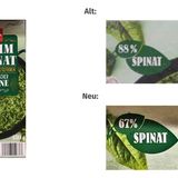 Immerhin wird der Spinatanteil auf der Schauseite der Verpackung ausgewiesen. Viele dürften den Schwund trotzdem nicht bemerken.