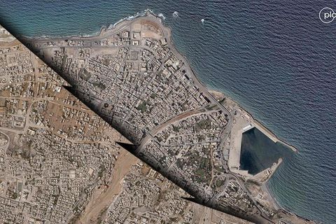 Vorher-Nachher-Ansicht von Derna in Libyen: Eine interaktive Ansicht finden Sie unten im Artikel
