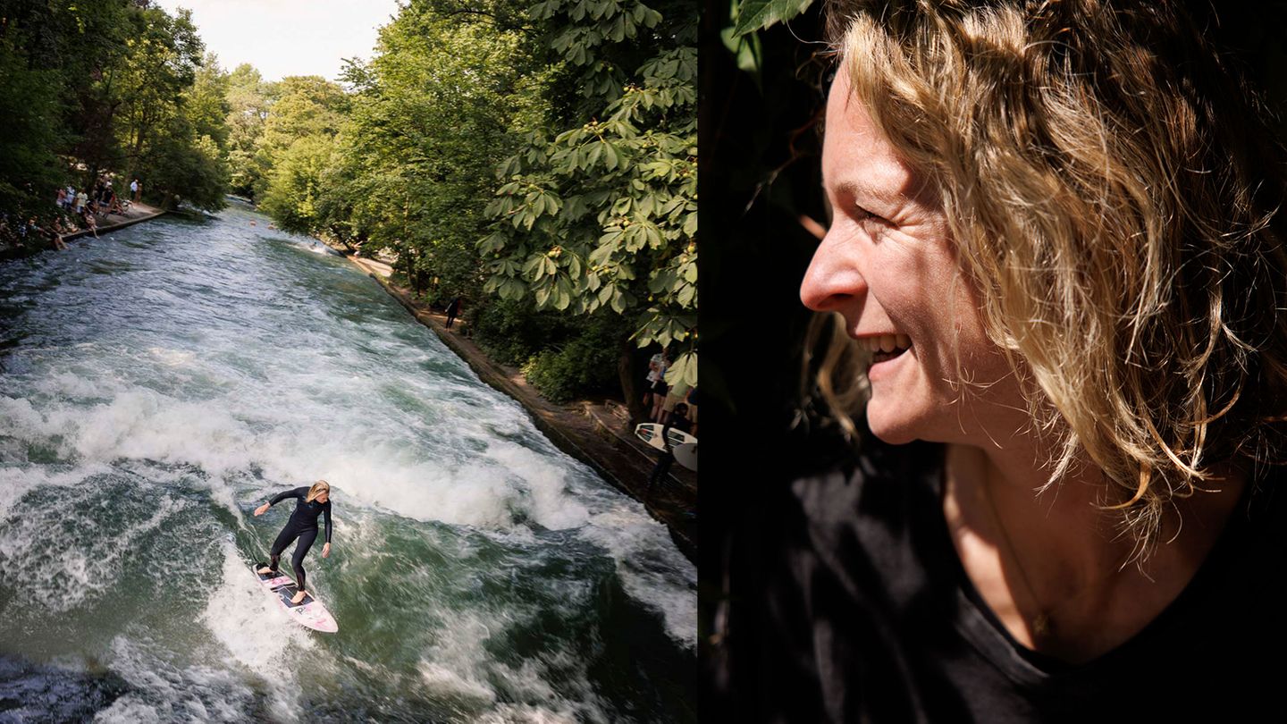 Surferin Annette Wilk auf der Eisbachwelle in München und im Porträt.