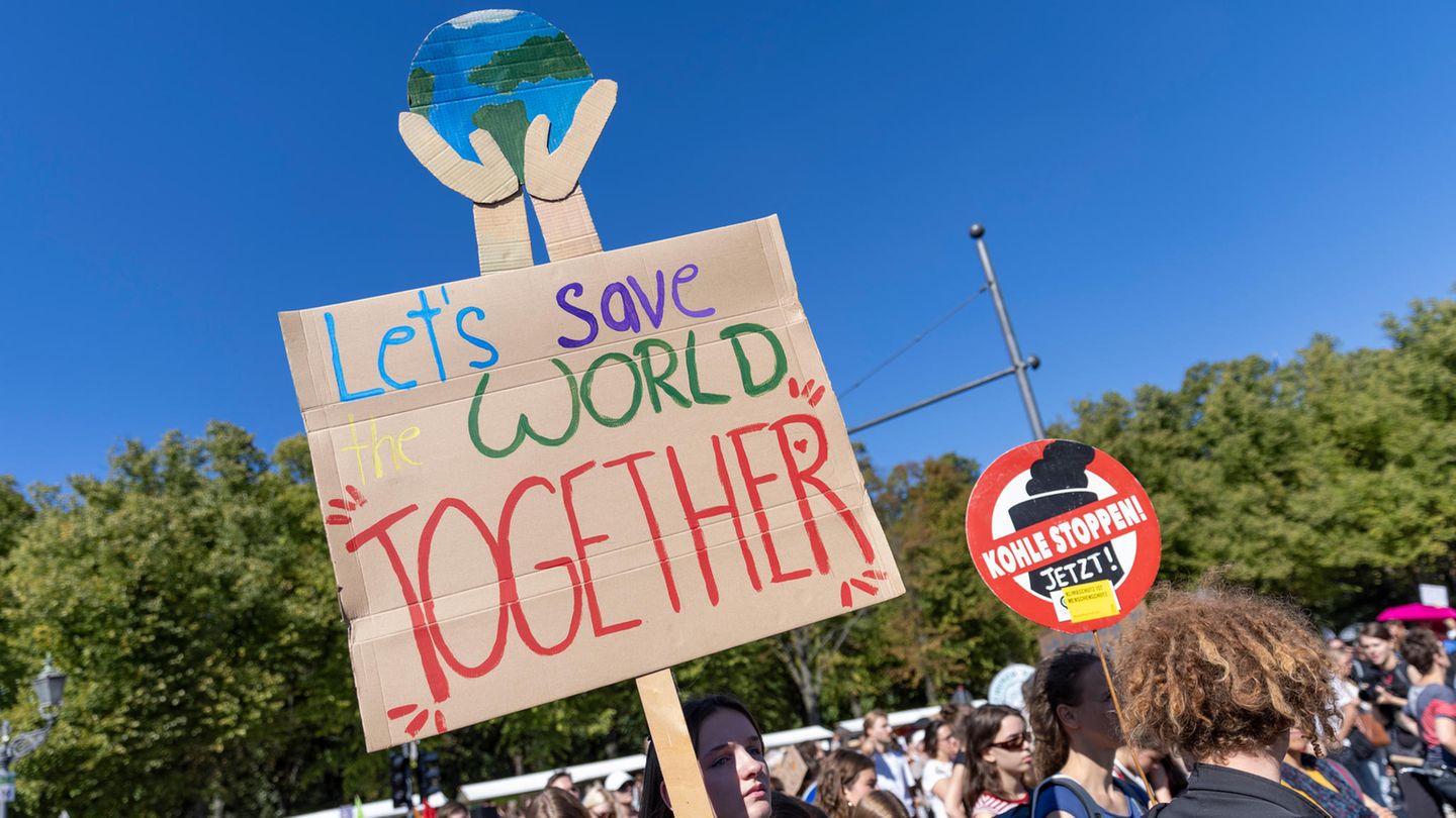 "Lass uns unsere Welt gemeinsam retten", steht auf einem Schild, und: "Kohle stoppen"