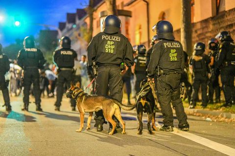 Einsatzkräfte der Polizei stehen mit Hunden nach Ausschreitungen bei einer Eritrea-Veranstaltung in Stuttgart auf der Straße