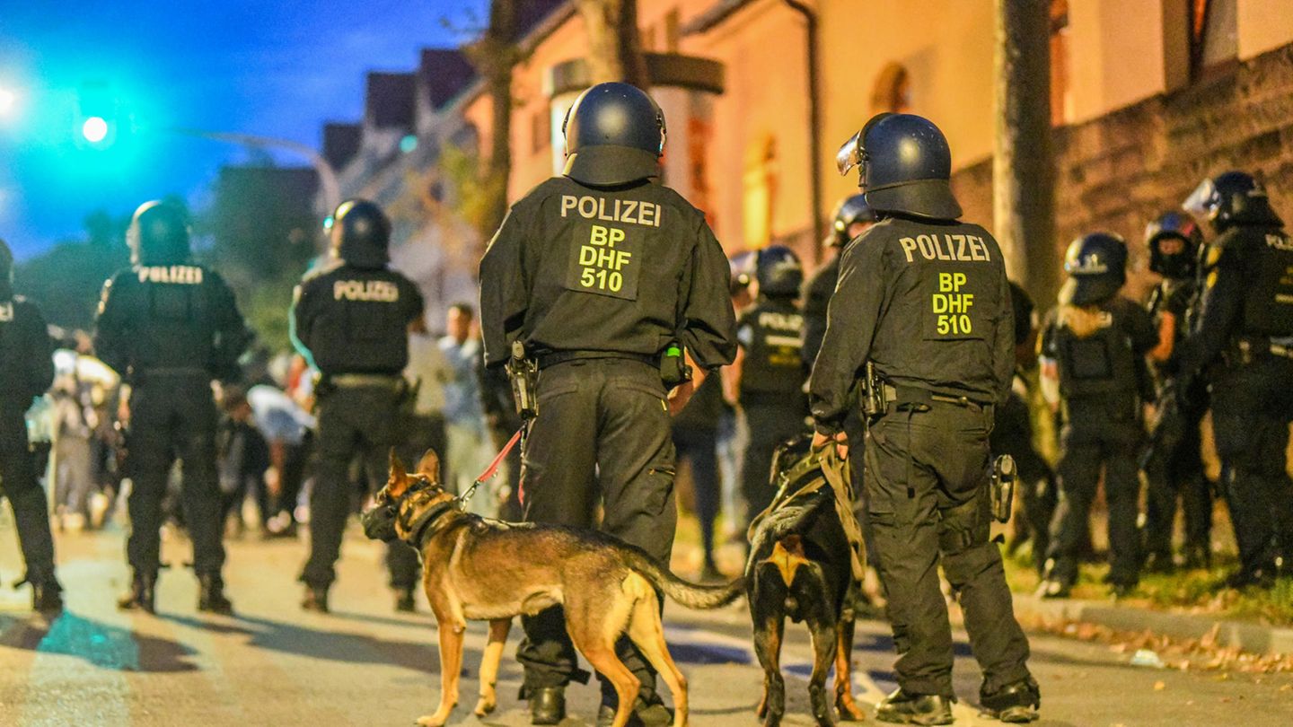 Einsatzkräfte der Polizei stehen mit Hunden nach Ausschreitungen bei einer Eritrea-Veranstaltung in Stuttgart auf der Straße