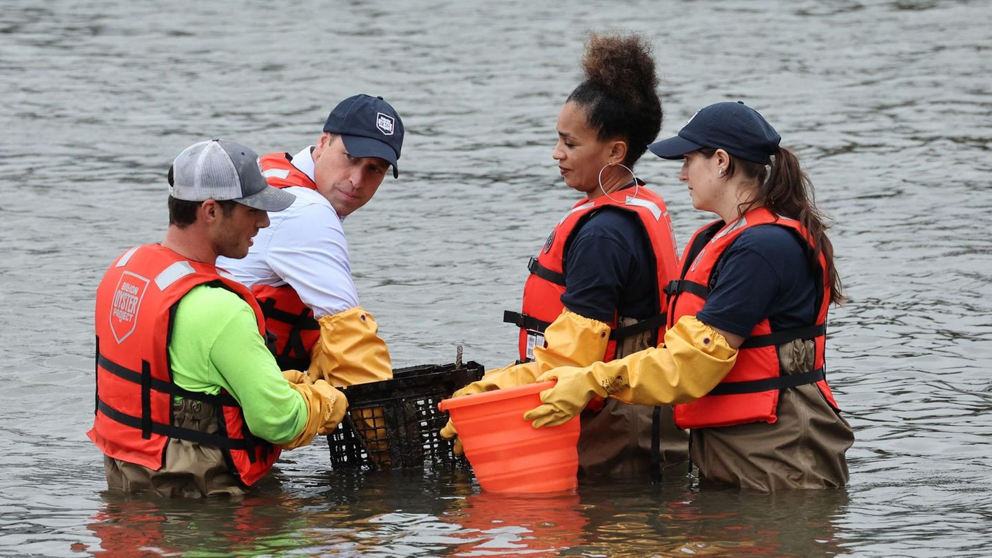 Prince William wades in the mud of the East River during his visit to NYC