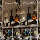 Test: Bei schlechtem Licht können die neuen iPhones auftrumpfen. Das iPhone 14 Pro (ganz links) macht in diesem dunklen Laden zwar ein detailreiches Bild, die Farben verblassen aber. Das iPhone 15 Plus (zweites von Links) zeigt deutlich mehr Farbdetails, übertreibt es dabei aber ganz leicht. Die beiden iPhone 15 Pro treffen es am besten.