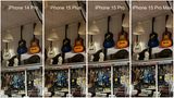 Test: Bei schlechtem Licht können die neuen iPhones auftrumpfen. Das iPhone 14 Pro (ganz links) macht in diesem dunklen Laden zwar ein detailreiches Bild, die Farben verblassen aber. Das iPhone 15 Plus (zweites von Links) zeigt deutlich mehr Farbdetails, übertreibt es dabei aber ganz leicht. Die beiden iPhone 15 Pro treffen es am besten.