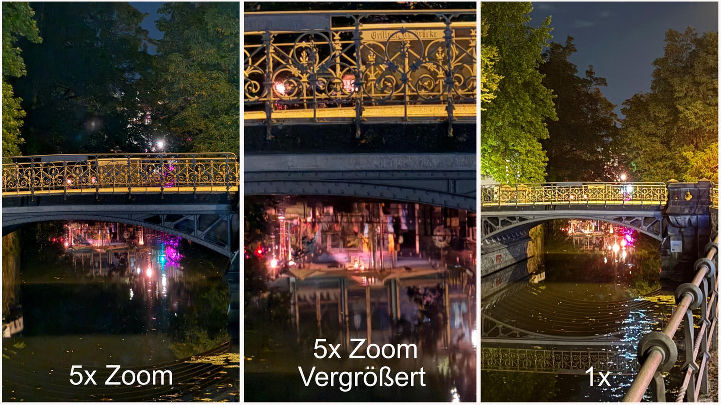 Test: Diese Brücke lässt den Detailgrad besonders gut erkennen. Im Ausschnitt kann man sogar den eingravierten Namen und Details der im Wasser gespiegelten Gebäude erkennen. Das Bild rechts wurde ohne Zoom aufgenommen