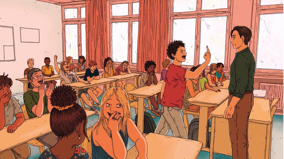 Illustration zeigt eine Schulklasse in der ein Schüler dem Lehrer den "Mittelfinger" zeigt und die Klasse ihm zujubelt