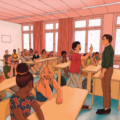 Illustration zeigt eine Schulklasse in der ein Schüler dem Lehrer den "Mittelfinger" zeigt und die Klasse ihm zujubelt