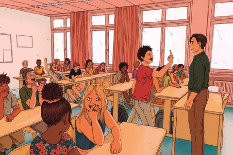 Illustration zeigt eine Schulklasse in der ein Schüler dem Lehrer den "Mittelfinger" zeigt und die Klasse ihm zujubelt