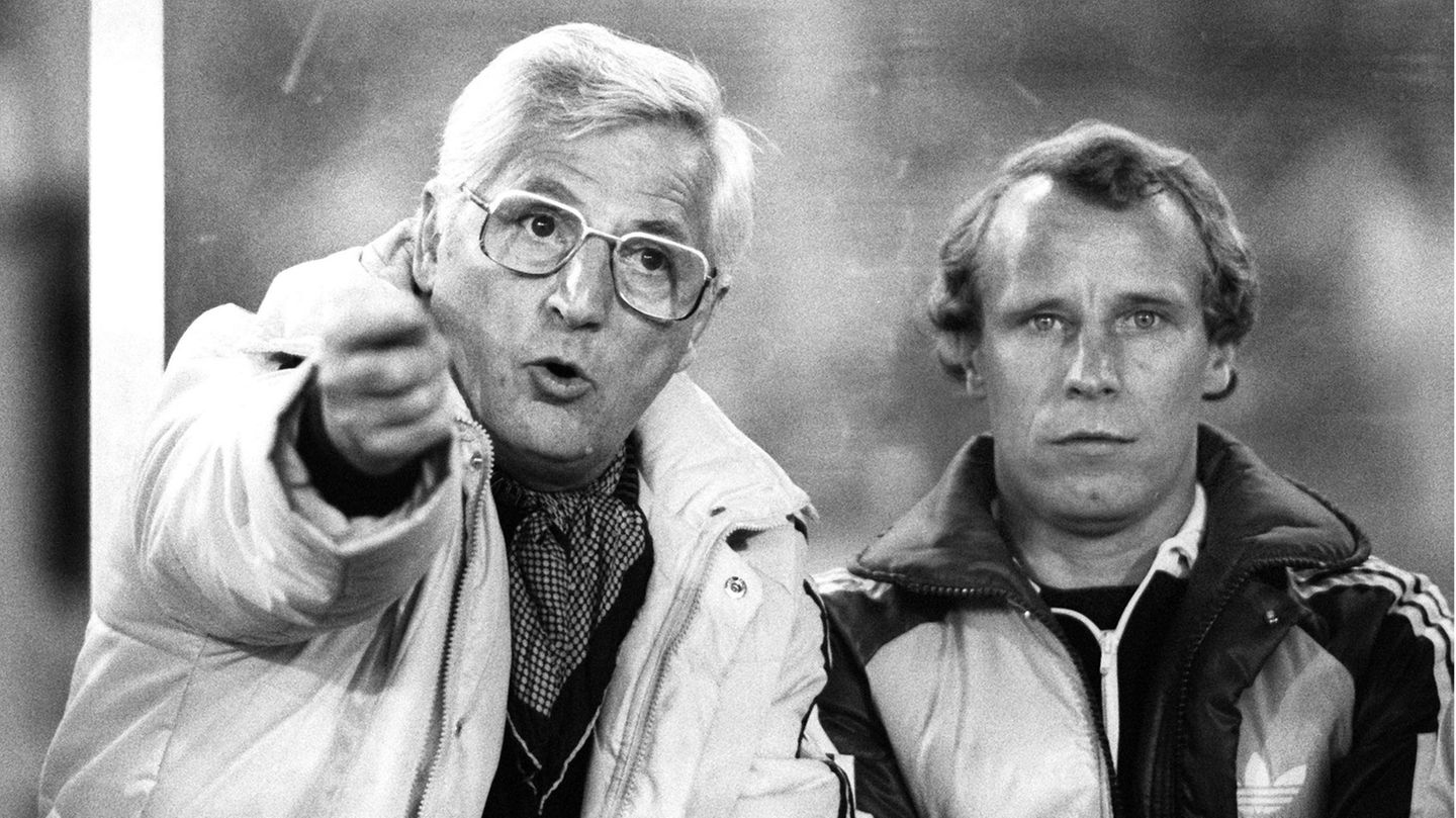 Nach dem frühen Aus bei der WM 1978 in Argentinien wurde Schön-Assistent Jupp Derwall (rechts Co-Trainer Berti Vogts) zum neuen Bundestrainer befördert. Auch Derwall bekam einen Spitznamen verpasst, allerdings keinen netten: "Häuptling (ondulierte) Silberlocke" nannte ihn Kollege Max Merkel spöttisch. Derwall galt als gutmütig (oder sehr liberal, wie man will), hat aber bis heute die beste Siegquote. 1980 führte er die Nationalelf zum EM-Titel, 1982 wurde er in Spanien Vize-Weltmeister.