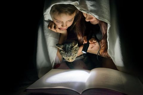 Kinder lesen unter der Decke