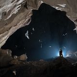 Mann beobachtet Vögel am Höhlenausgang