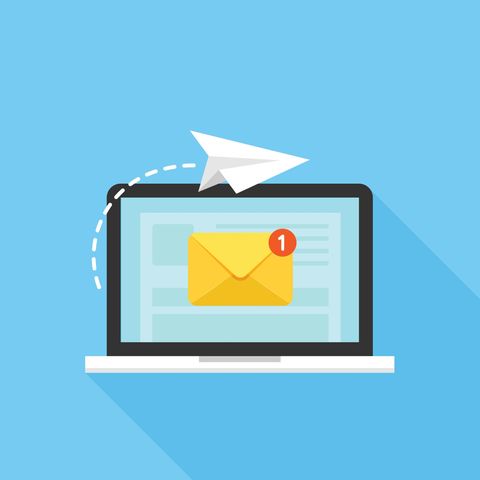 Stilisierte Illustration eines Laptops, der eine E-Mail verschickt