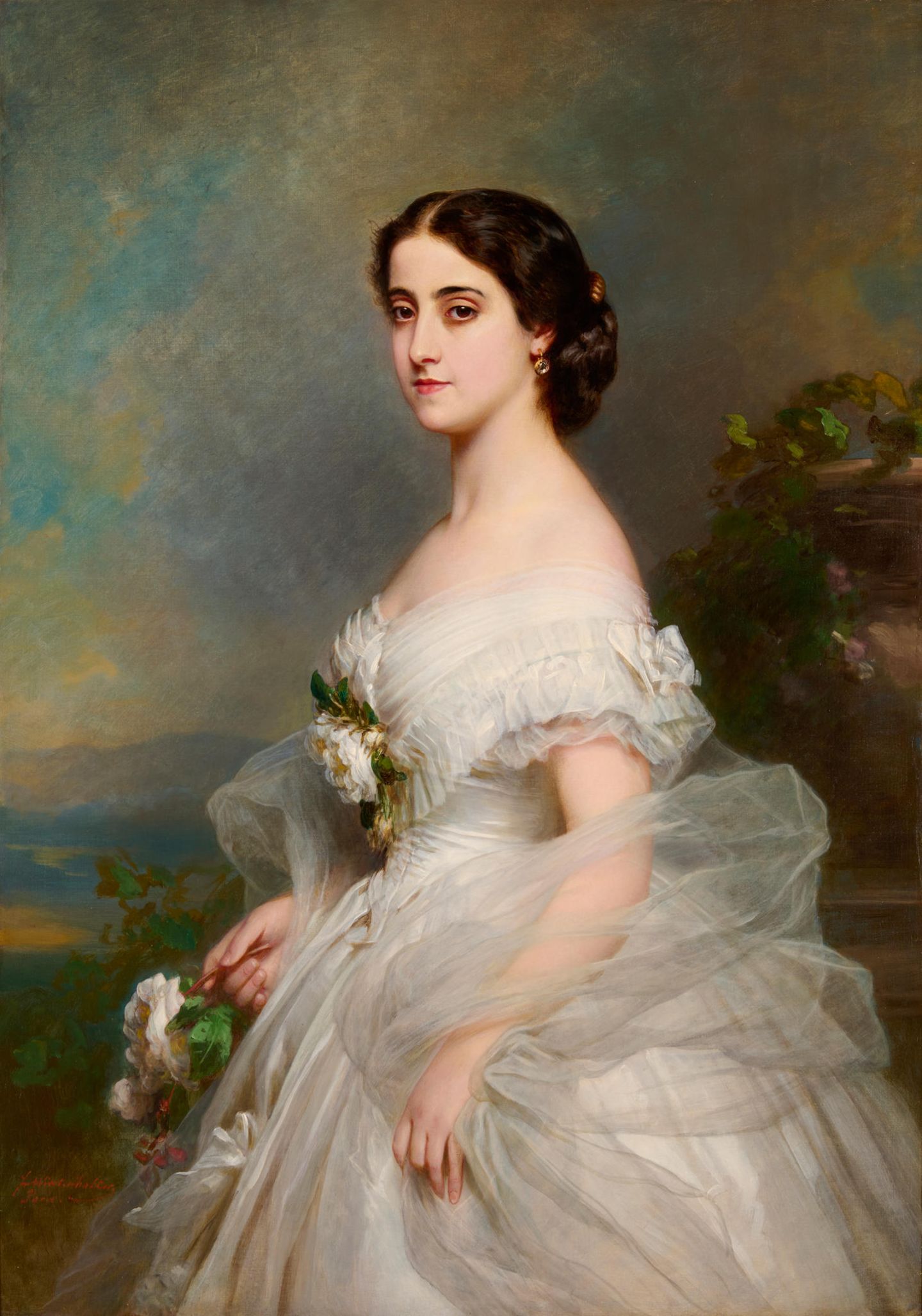 Die spanische Opernsängerin Adeline Patti, gemalt in einem weißen Kleid mit Tüll