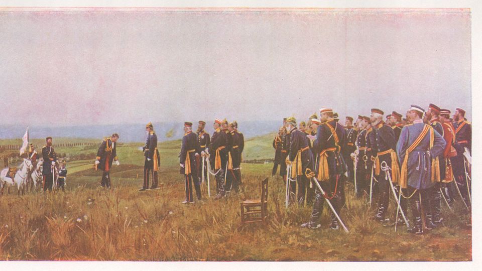 Noch bis weit ins 19. Jahrhundert hinein waren Militäruniformen prunkvoll und teuer, wie hier zu sehen in "Napoleon III. Brief der Kapitulation in der Schlacht von Sedan" von Anton von Werner