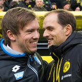 In einem seiner ersten Spiele als Cheftrainer trifft er auf seinen Entdecker. Thomas Tuchel, hier Trainer bei Borussia Dortmund, hatte Jahre zuvor als Coach der zweiten Mannschaft des FC Augsburg den dauerverletzten Spieler Nagelsmann in sein Trainerteam geholt. Drei Jahre wird Nagelsmann in Hoffenheim bleiben und die Mannschaft von einem Abstiegsplatz in die Champions League führen.