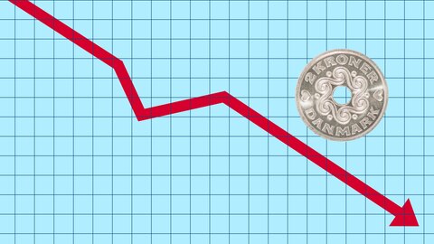 Ein roter Pfeil, der nach unten geht und eine Zwei-Kronen-Münze zeigen einen Graphen zur Inflation in Dänemark