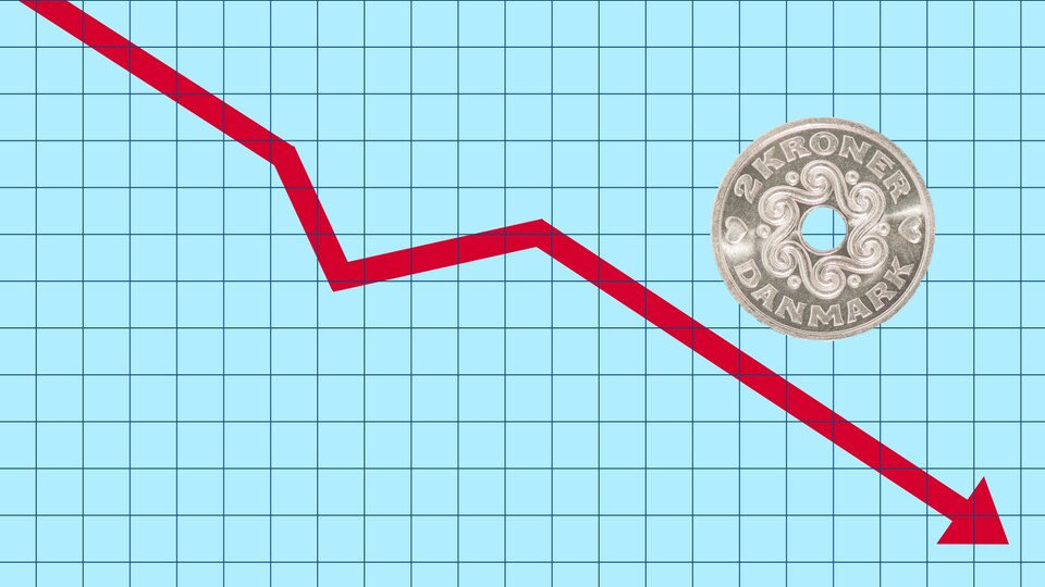Ein roter Pfeil, der nach unten geht und eine Zwei-Kronen-Münze zeigen einen Graphen zur Inflation in Dänemark