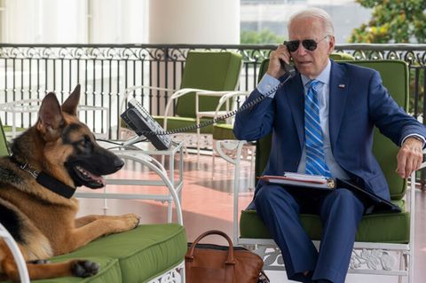 US-Präsident Joe Biden telefoniert auf dem Truman-Balkon im Weißen Haus, während sein Hund Commander neben ihm auf dem Sofa liegt