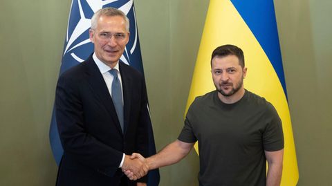 Nato-Generalsekretär Stoltenberg und der ukrainische Präsident Selenskyj beim Handschlag