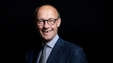 Friedrich Merz lächelt in die Kamera. Das Bild ist bearbeitet. Merz hat hier eine Zahnlücke.