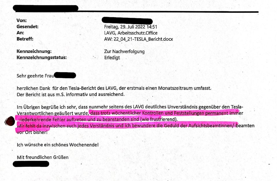 Screenshot E-Mail vom Prüfer der Tesla-Fabrik