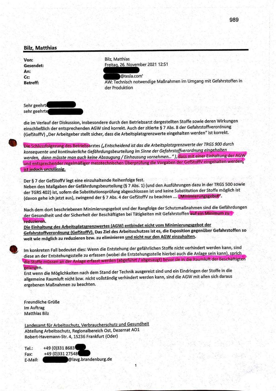 Tesla-Recherche: Screenshot E-Mail-Verkehr mit Betriebsarzt