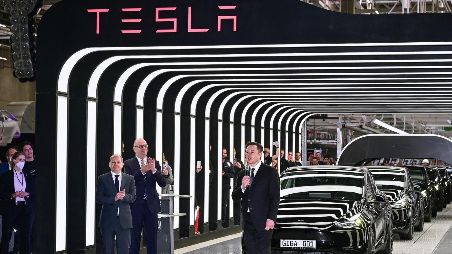 Dietmar Woidke und Olaf Scholz mit Elon Musk bei der Eröffnung der Teslafabrik in Brandenburg Dietmar Woidke und Olaf Scholz mit Elon Musk bei der Eröffnung der Teslafabrik in Brandenburg